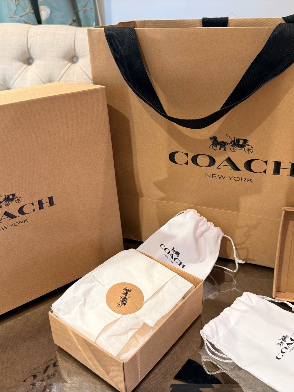 Coach New York Logo Paper Bag in Tan and Black